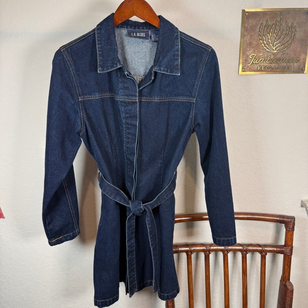 LA Blues Womens Dark Wash Belted Denim Jacket Tunic Long Sleeve‎ Cotton Size M